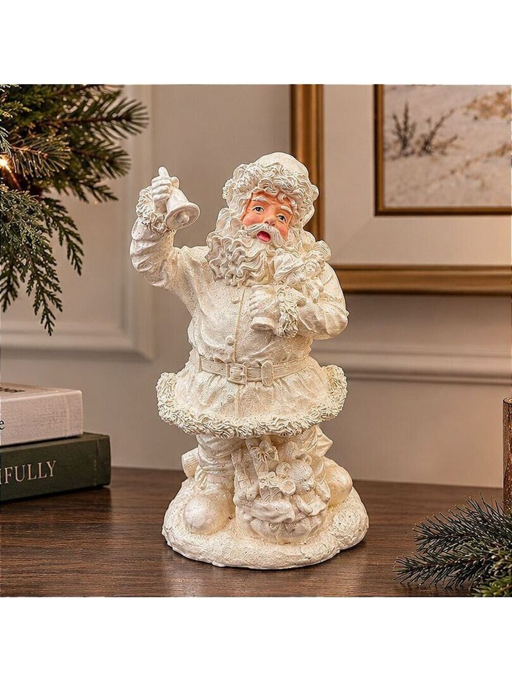 Vintage Large 11.5" White Glitter Santa Claus Figurine with Bell and Gift Sack